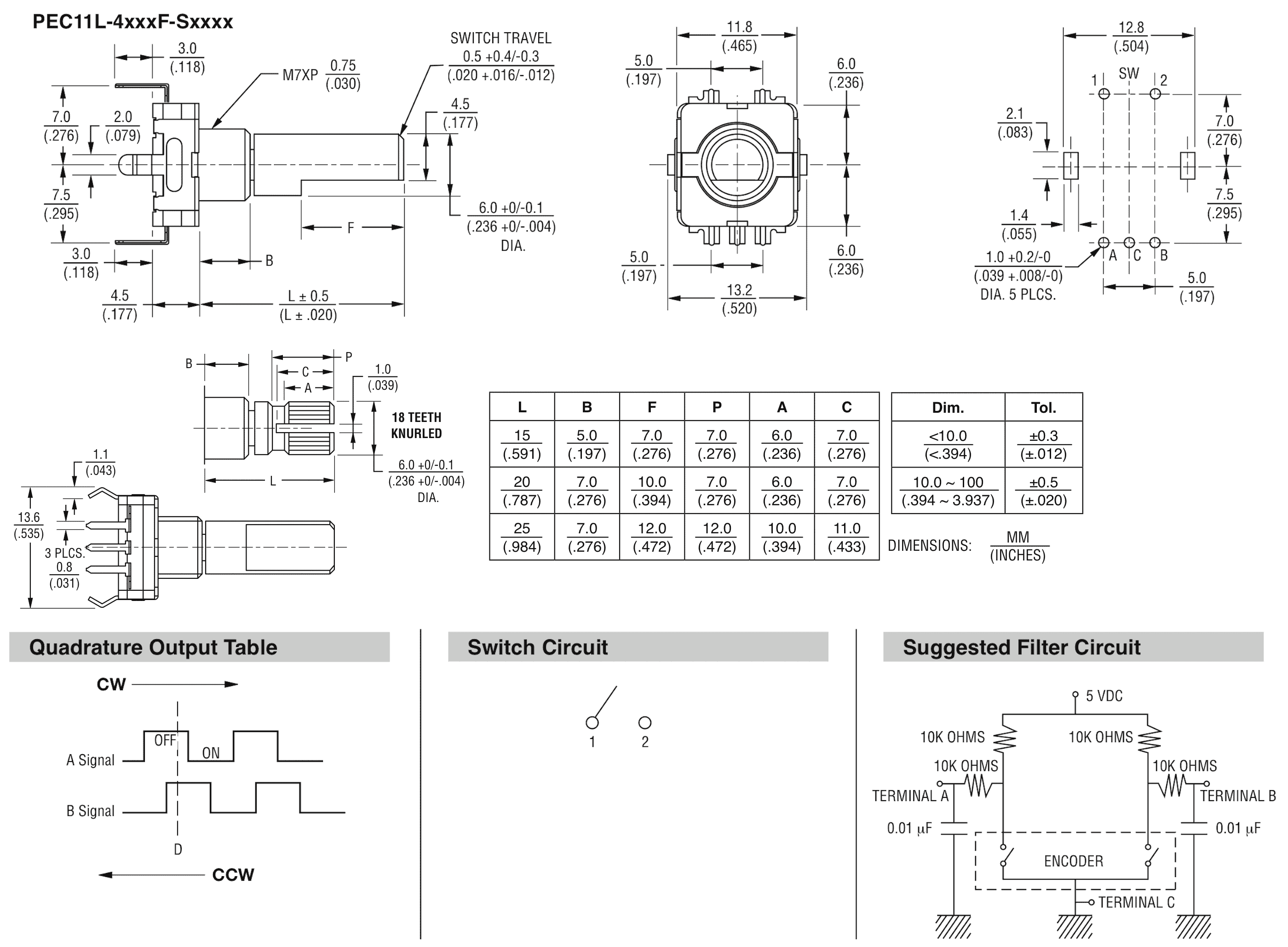 Rotary Encoder with switch Bourns PEC11L technical drawing dimensions