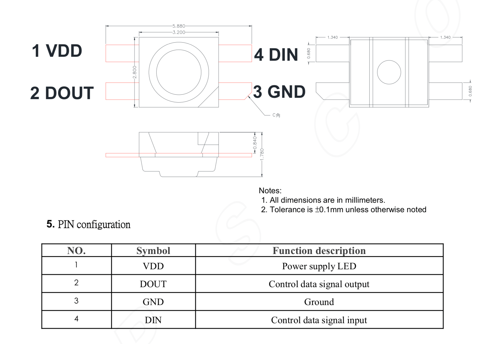 SK6812 MINI-E RGB SMD Led with legs Pinout