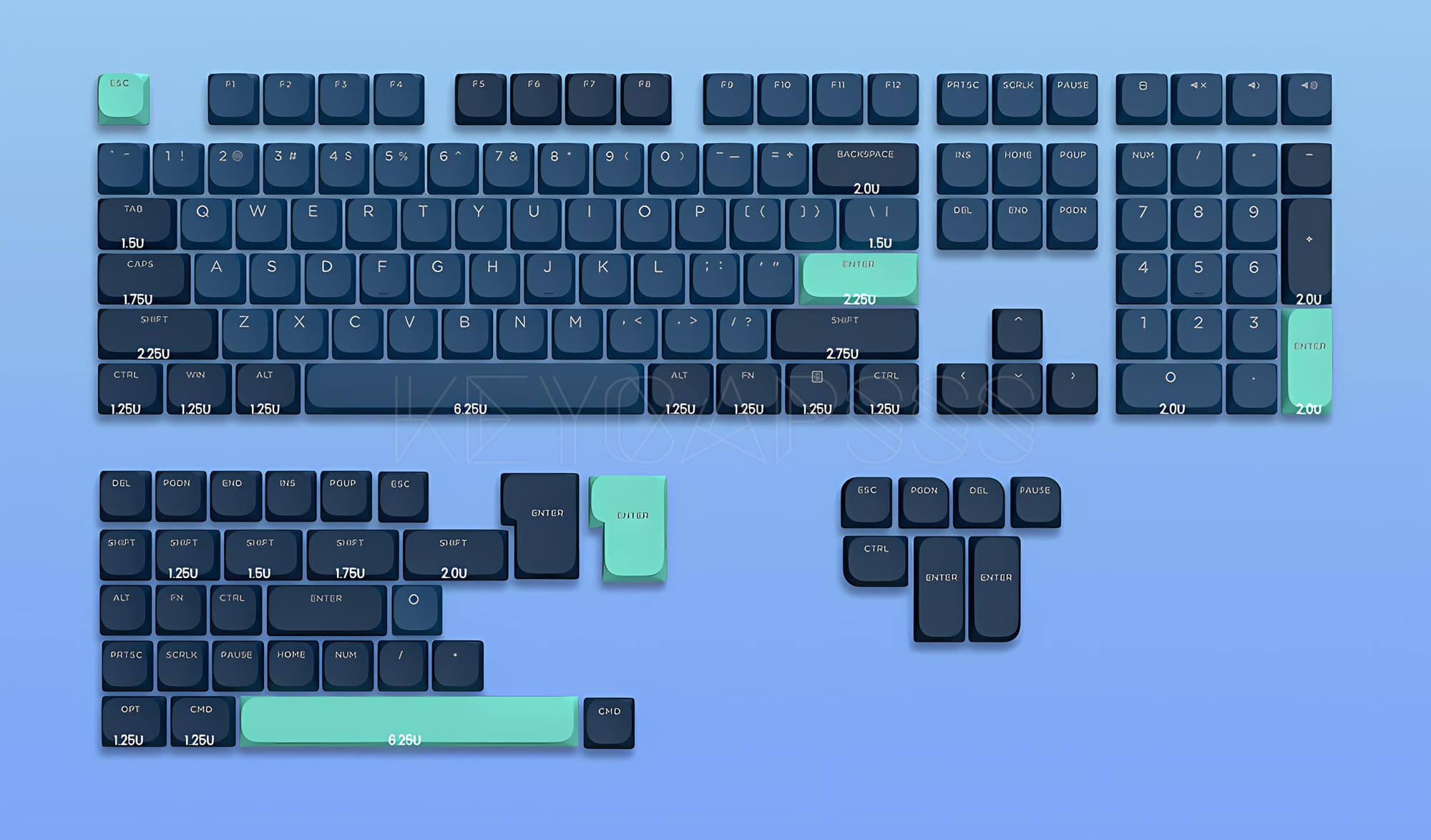 Low Profile PBT Double-Shot Keycap Set (144-Key) for MX switches - Blue