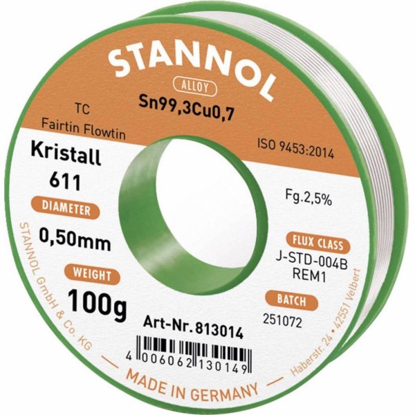 Stannol Kristall 611 Fairtin Solder, lead-free Lead-free Sn99,3Cu0,7 REM1 100g 0.5 mm
